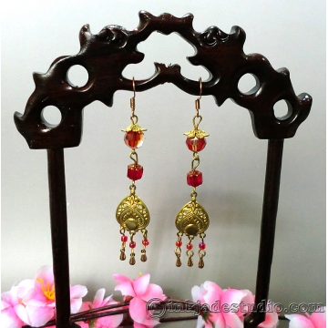 Chinese Red and Gold Peacock Feather Dangle Earrings