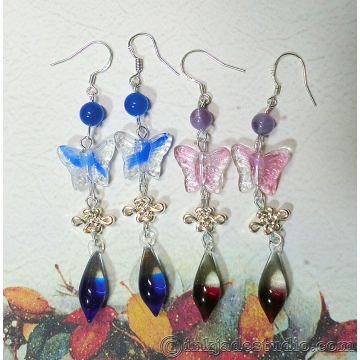 Butterfly and Silver Chinese Knot Glass Color Gradient Teardrop Earrings