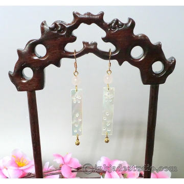 Cherry Blossom Carved Shell Mother of Pearl Plaque Chinese Earrings with Rose Qu