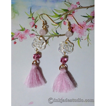 Carved Chinese Lucky Flower Knot Shell Earrings with Pink Tassels