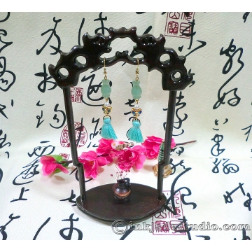 Green Aventurine Chinese Vase Earrings with Cloisonne Butterflies