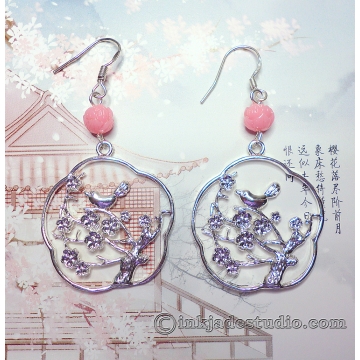 Chinese Bird on Plum Branch Silver Filigree Earrings