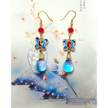Chinese Cloisonne Butterfly Earrings with Czech Bicolor Glass Drops