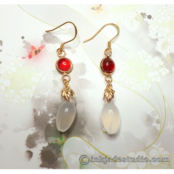 White Agate Chinese Magnolia Bud Earrings with Red Agate
