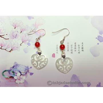 Carved Shell Filigree Hearts Earrings with Red Agate