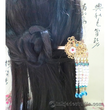 Chinese Peacock Hair-stick with Carved Shell Flower and Czech Glass Beaded Tassels