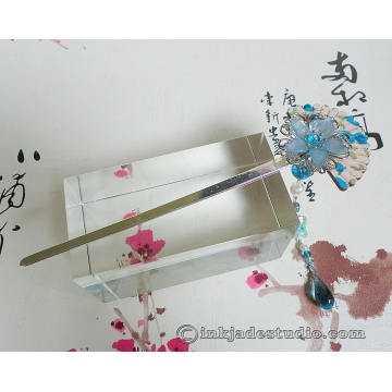 Blue Wooden Fan and Flower Hair Stick with Aquamarine and Czech Glass