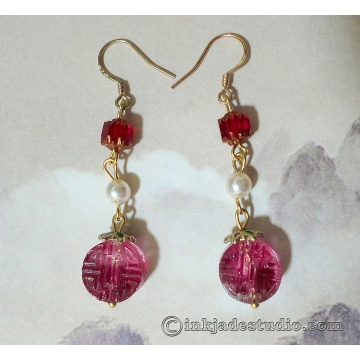 Rose Red Chinese Character "禄" Good Fortune Glass Bead Earrings with Swarovski Pearls