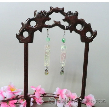 Lotus and Butterfly Carved Shell Mother of Pearl Plaque Chinese Earrings with Green Jade