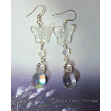 Glass Butterfly and Cute Carved Mother of Pearl Shell Star Silver Earrings