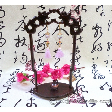 Chinese Porcelain Bead Earrings with Cloisonne Butterflies and Tassels