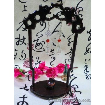 Carved Chinese Knot Shell Earrings with Red Agate and Pearl Drops