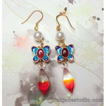 Chinese Cloisonne Butterfly Earrings with Pearls and Gradient Red Glass Drops