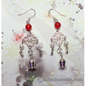 Red Agate and Pearl Chinese Silver Chandelier Earrings