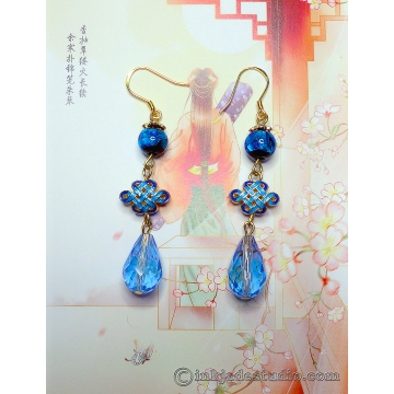 Handmade Silver Foil Glass Bead Earrings with Gold Plated Cloisonne Chinese Endless Knots