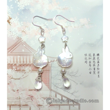 Cute White Carved Shell Bunny Earrings with Stars