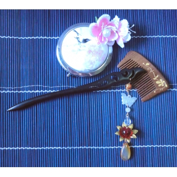 Chinese Carved Phoenix Feather Hairstick with Jade Butterfly