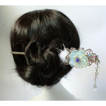 Silver Filigree Opalescent Glass Flower and Heart Chinese Hair Pin Hair stick