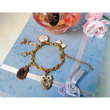 Rhinestone Owl Gold Charm Bracelet