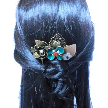 Chinese Bronze Carved Shell Leaf Hair Comb