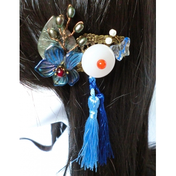 Chinese Bronze White Jade Disc Hair clip Hair Slide Barrette Hair Clasp with Tassels