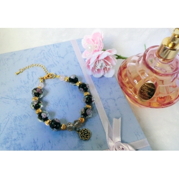Black rose glass bead bracelet with black rose charm