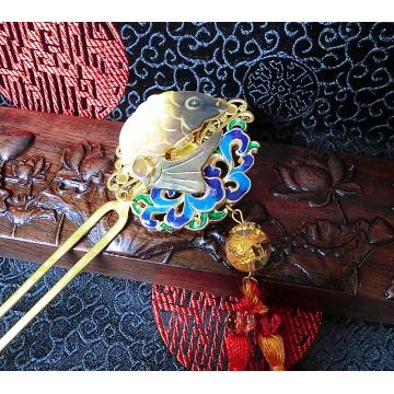 Chinese Carved Shell Carp with Cloisonne and White Crystal Bead Engraved with Golden Dragon Hair stick Hair Pin