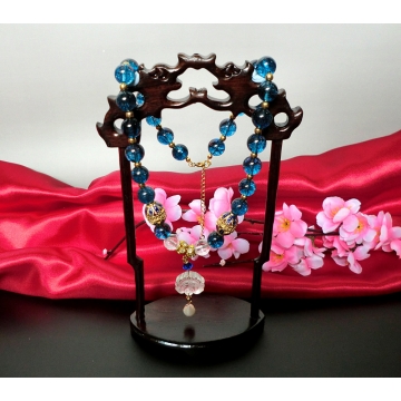 Chinese Aquamarine Bead Necklace with Cloisonne, Carved Crystal Lotus Buds, Carved Crystal Lotus Blossom and  Freshwater Teardrop Pearl