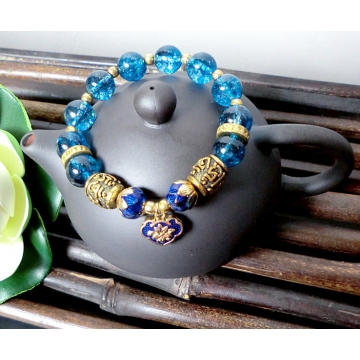 Buddhist Mala Aquamarine Bead Bracelet with Om mani padme hum, Cloisonne Lotus Buds and Longevity Lock