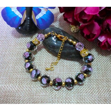 Black rose glass bead bracelet with pink Swarovski crystals and gold rhinestone spacers