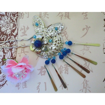 Chinese Blue Butterfly and Flower Hair Stick Hair Pin
