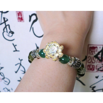 Buddhist Mala Bead Bracelet Clear Crystal  with Green Flecks, Green Agate, Om mani padme hum  with  Lotus