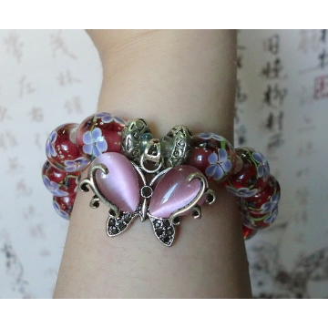 Light red glass bead and pink butterfly bracelet