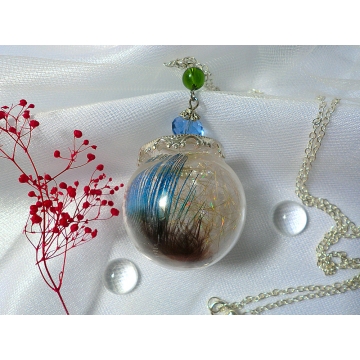 Peacock Feather Glittery Glass Ball Glass Orb Glass Globe Pendant Terrarium Necklace