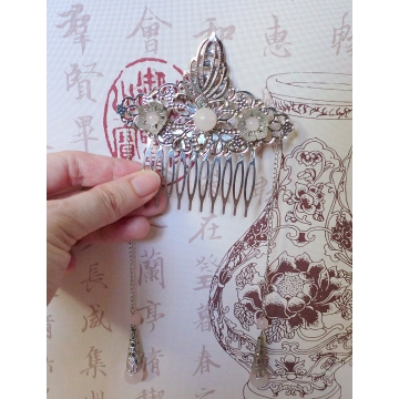 Chinese Silver Comb with Pink Rose Quartz Sale Price
