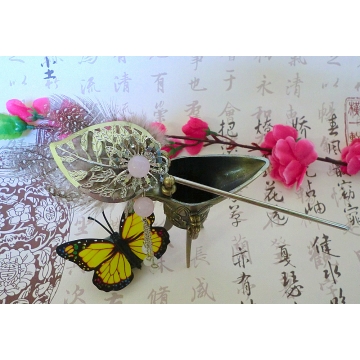 Chinese Rose Quartz Leaf Hairstick Hair Pin with Speckled Feathers Sale Price