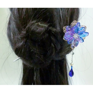 Chinese Purple-Blue Glass Petal Flower Hair Pin Hair Stick
