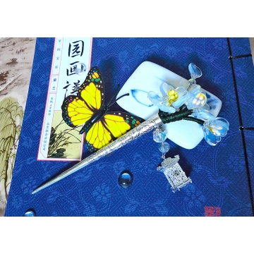 Chinese Opalescent Handmade Glass Flower Hair Stick Hair Pin With Silver Filigree Lantern